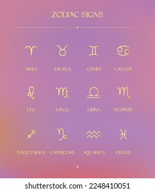 Zodiac Signs, Zodiac Icons, Esoteric Abstract Logo, Mystic Spiritual Symbols. Astrology, Magic Esoteric Art. Golden Color Option