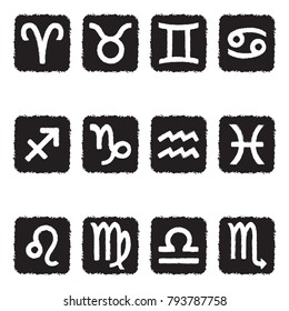 Zodiac Signs Icons. Grunge Black Flat Design. Vector Illustration. 