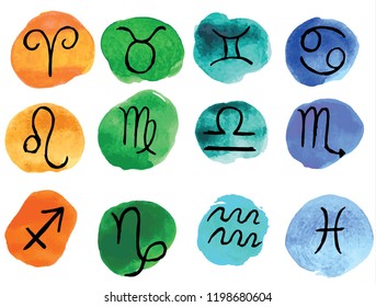 Zodiac signs icons, horoscope symbols set, vector illustration.  hand draw set  isolated on watercolor vector circles.