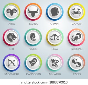 Zodiac signs icons, horoscope symbols set, with on colorful circles isolated. (horoscope symbols set, astrology icons collection)