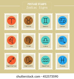 Zodiac signs icons for horoscopes, predictions, postage stamps. Vector illustration