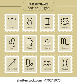 Zodiac signs icons for horoscopes, predictions, postage stamps