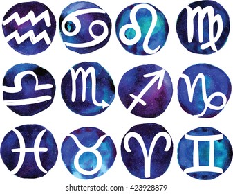 Zodiac signs. Icons on the background of watercolor stains .