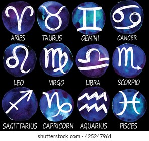 Zodiac signs. Icons on the background of watercolor stains .