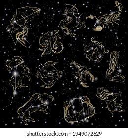 Zodiac signs icons on dark starry background. Shiny zodiac constellations icons