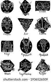 Zodiac signs icons set. Aries, Leo, Gemini, Taurus, Scorpio, Aquarius, Pisces, Sagittarius, Libra, Virgo, Capricorn and Cancer. Vector illustration in the style of skulls and skeletons.