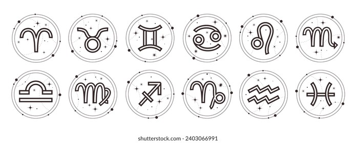 Zodiac signs icons set. Astrological horoscope icons. Zodiac constellations. Vector signs isolated on white background