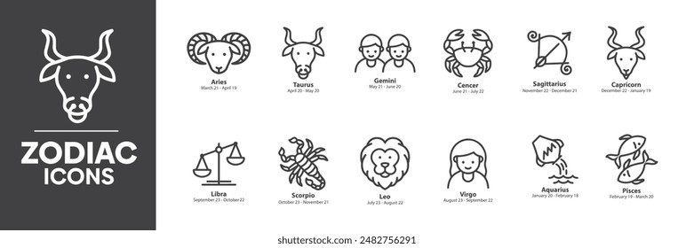 Zodiac Signs Icons Set, Containing All Zodiac Signs Icons Outlines, Vector Illustration Collection Editable eps10