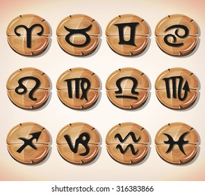 Zodiac Signs And Icons Set/
Illustration of a set of funny zodiac sign icons on cartoon wood buttons, for astrology, app or game ui on tablet pc