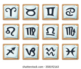 Zodiac Signs And Icons Set/ Illustration of a set of funny zodiac sign icons on cartoon wood signs, for astrology magazine pages, app or game ui on tablet pc