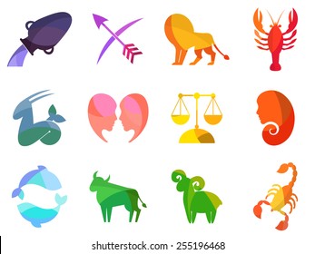 Zodiac signs icons. Set of mosaic red, orange, yellow, purple, violet, pink, blue, green, strawberry ice, brown illustrations for design.