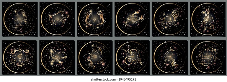 Zodiac signs icons set on dark background. Shiny golden zodiac constellations icons