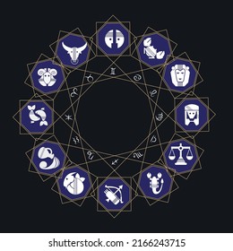 Zodiac signs icons set on dark blue background. The astrological signs are Aries, Taurus, Gemini, Cancer, Leo, Virgo, Libra, Scorpio, Sagittarius, Capricorn, Aquarius, and Pisces