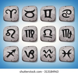Zodiac Signs And Icons Set On Rocks/
Illustration of a set of funny zodiac sign icons on cartoon stony rock buttons, for astrology, app or game ui on tablet pc