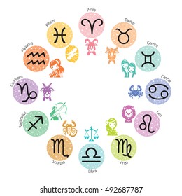 Zodiac Signs Icons Set On Circle Frame, Astrological, Constellation, Western, Fortunetelling, Animal