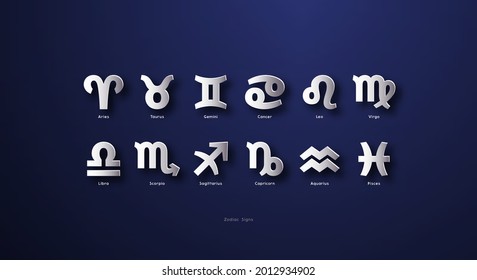 Zodiac signs icons set. Silver colored and metal chrome vector illustration 