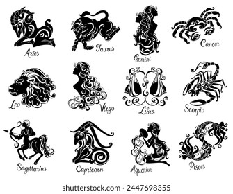 Zodiac signs icons set. Vector Zodiac astrological symbols. Hand drawn of horoscope signs. Aries, Taurus, Gemini, Cancer, Leo, Virgo, Libra, Scorpio, Sagittarius, Capricorn, Aquarius, Pisces