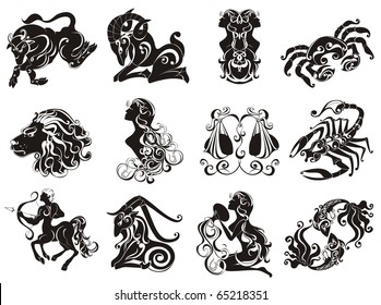 Zodiac signs icons set. Vector Zodiac astrological symbols. Hand drawn of horoscope signs. Aries, Taurus, Gemini, Cancer, Leo, Virgo, Libra, Scorpio, Sagittarius, Capricorn, Aquarius, Pisces