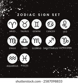 Zodiac signs icons Symbols for horoscope astrology calendar Vector design elements. Black grunge background