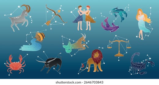 Signos do zodíaco ilustração com Capricórnio, Sagitário, Gêmeos, Peixes, Aquário, Touro, Leão, Libra, Câncer, Escorpião. Símbolos e constelações de astrologia. Conjunto de elementos vetoriais.