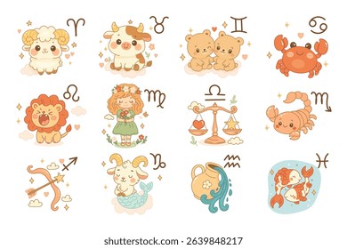 Zodiac signs illustration set, twelve cute cartoon icons