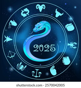 Zodiac signs in illustration.Vector illustration with a snake and zodiac signs on a starry sky background.