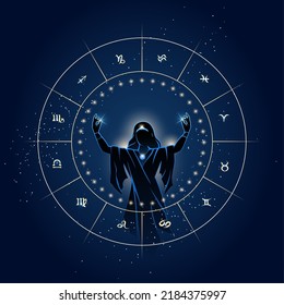 Zodiac Signs Inside Horoskop Circle und Female Fortune Teller Silhouette. Astrologische Vektorgrafik