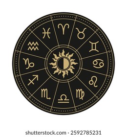 Zodiac signs inside of horoscope circle. Isolated horoscope zodiac symbols : Aries, Taurus, Gemini, Cancer, Leo, Virgo, Libra, Scorpio, Sagittarius, Capricorn, Aquarius, and Pisces.