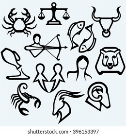 Zodiac signs. Isolated on blue background. Vector silhouettes