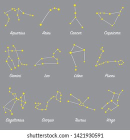 Zodiac signs isolated vector. Collection of 12 horoscope constellations. Set of astrology symbols suitable for print and web. Stars in constellations.