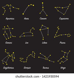 Zodiac signs isolated vector. Collection of 12 horoscope constellations. Set of astrology symbols suitable for print and web. Stars in constellations.