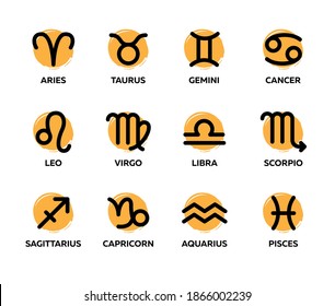 Zodiac signs with latin names. Astrological calendar, horoscope symbols. Vector icons set