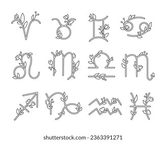 Zodiac signs with leaves and flowers. Coloring Page. Aesthetic astrological horoscope. Vector drawing. Collection of design elements.