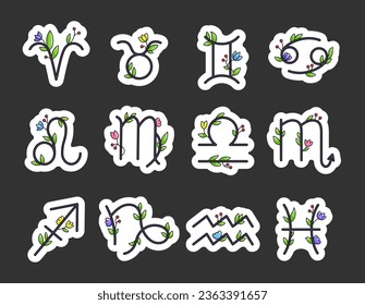 Zodiac signs with leaves and flowers. Sticker Bookmark. Aesthetic astrological horoscope. Vector drawing. Collection of design elements.