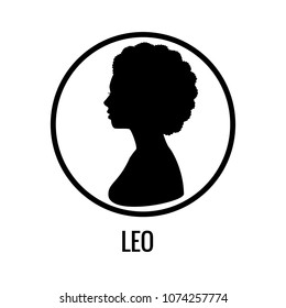 Zodiac signs Leo. Black Silhouettes of a girl with a hairstyle side view. Horoscope symbols in a round bright frame with inscriptions. Vector illustration isolated on white background.