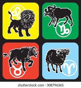 Zodiac signs - Leo, Taurus, Capricorn, Aries. Black and white vector image. Colored background