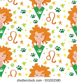 Zodiac signs Leo. Vector illustration of cute girl. Pattern with girl face, sign and star