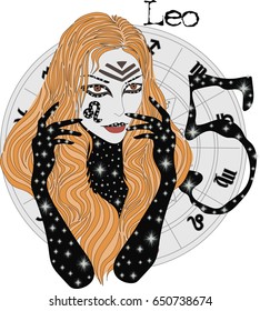 Zodiac signs Leo  - Vector illustration of the girl with blonde hair . Astrology, zodiac sign.  Mysterious  woman with long blonde hair and big brown eyes.