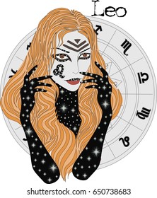 Zodiac signs Leo  - Vector illustration of the girl with blonde hair . Astrology, zodiac sign.  Mysterious  woman with long blonde hair and big brown eyes.