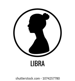 Zodiac signs Libra. Black Silhouettes of a girl with a hairstyle side view. Horoscope symbols in a round bright frame with inscriptions. Vector illustration isolated on white background.