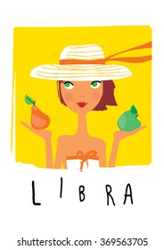 Zodiac signs Libra. girl horoscope as a woman holding an apple and pear. Vector illustration