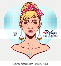 Zodiac signs - Libra as a girl in the style of pin-up. Hand-drawn illustration