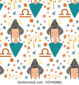 Zodiac signs Libra. Vector illustration of cute girl. Pattern with girl face, sign and star