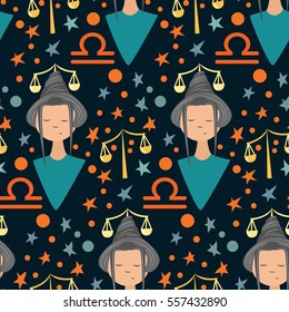 Zodiac signs Libra. Vector illustration of cute girl. Pattern with girl face, sign and star