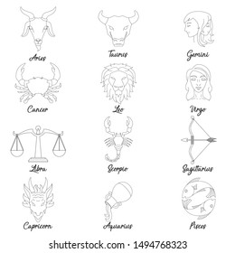 Zodiac signs in line art. Aries, Taurus, Gemini, Cancer, Leo, Virgo, Libra, Scorpio, Sagittarius, Aquarius, Capricorn and Pisces.