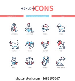 Zodiac Signs - Line Design Style Icons Set Of Twelve Astrological Symbols. Aries, Taurus, Gemini, Cancer, Leo, Virgo, Libra, Scorpio, Sagittarius, Capricorn, Aquarius, Pisces Images. Horoscope Theme