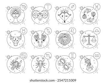 Zodiac signs in line style. Black and white Horoscope icons. Flat vector illustration