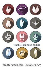 Zodiac signs logo set: dog, rooster, monkey, rabbit, tiger, bull, sheep, horse, dragon, snake, rat, pig. Astrological Chinese animal calendar. Eastern calendar of animals. Animal tracks.