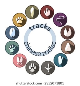 Zodiac signs logo set: dog, rooster, monkey, rabbit, tiger, bull, sheep, horse, dragon, snake, rat, pig. Astrological Chinese animal calendar. Eastern calendar of animals. Animal tracks.