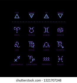 Zodiac signs made of blue stone beads, vector set isolated on black background.